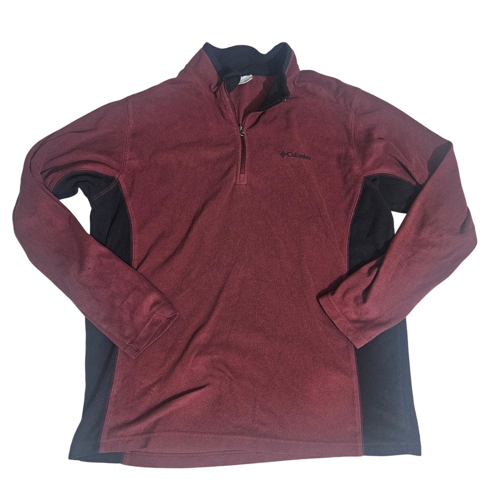 Columbia Mens Fleece Quarter Zip Pullover Burgundy Black Large Hiking Sweater